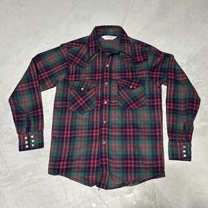 Vintage 1980s Pal Pearl Snap Flannel Shirt M Blue Red Plaid Western Cowboy